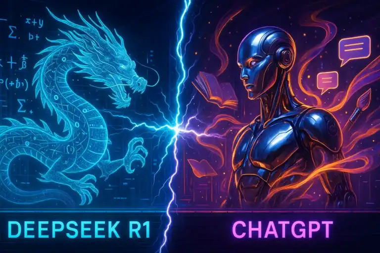 DeepSeek R1 vs ChatGPT: AI model comparison, dragon vs. humanoid robot.